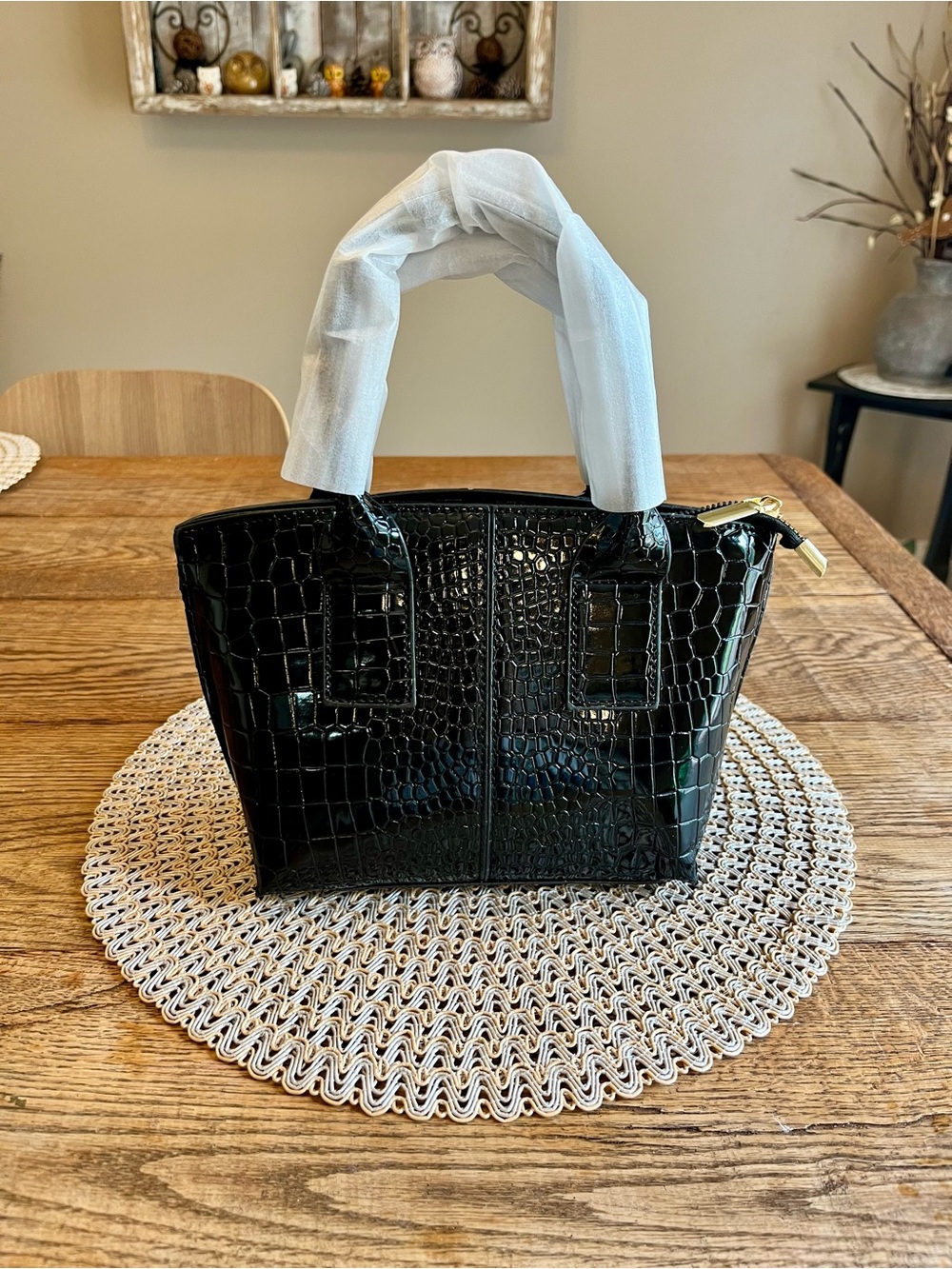 New Black Faux Croc-Embossed Black Handbag